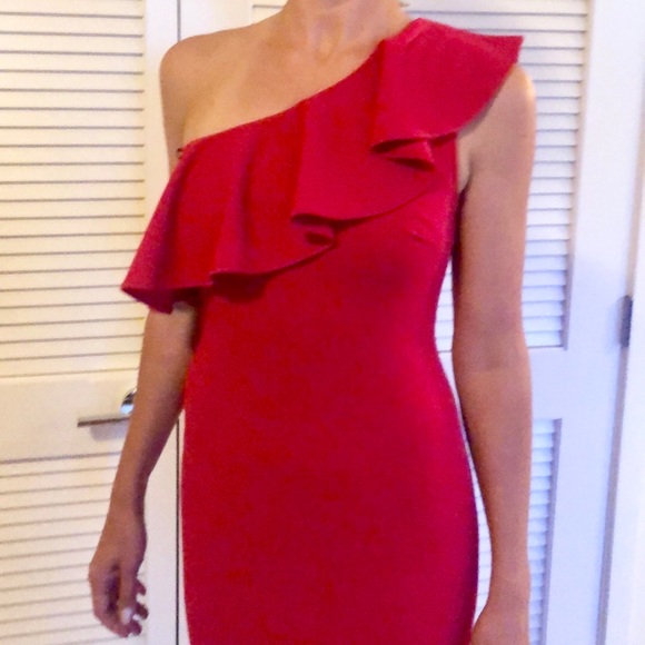 Apple Red Stretch one-Shoulder Ruffle Dress - Picture 6 of 8